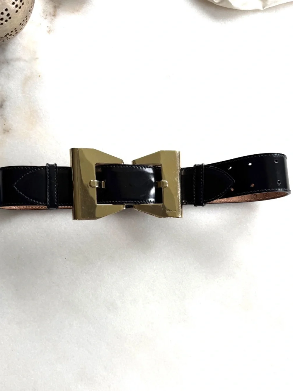 GUCCI Ribbon Buckle Belt Logo Leather Black Bow Gold